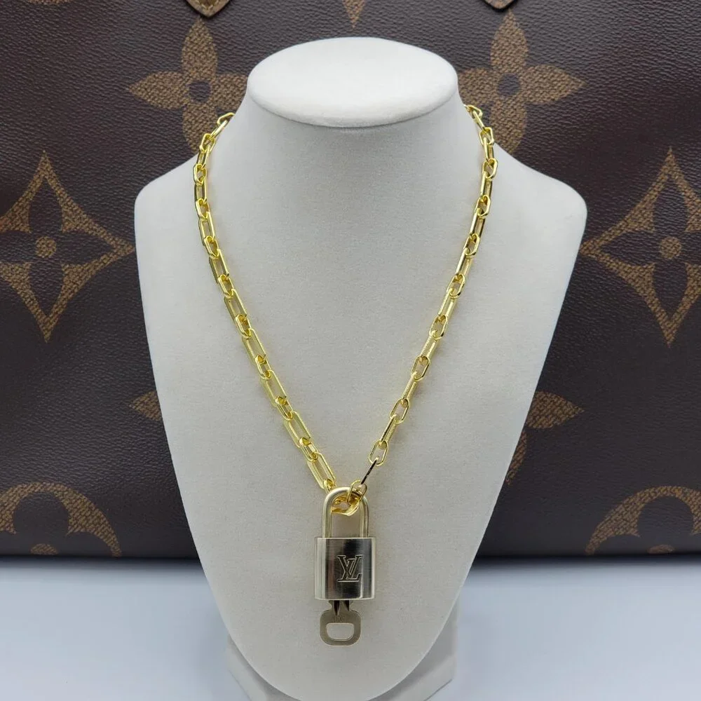 Authentic Louis Vuitton Gold Padlock w/Unbranded Stainless Steel Chain Necklace